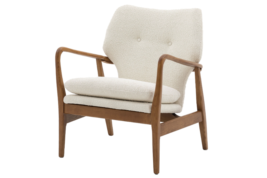 View Jensen Cream Boucle Fabric Armchair With Buttoned Backrest Solid Weathered Oak Frame Mid Century Design Deeply Padded Seat Back Cushion information