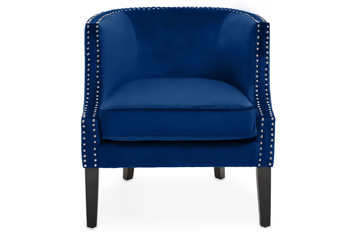 View Larissa Blue Velvet Occasional Chair With Silver Tufted Buttons Solid Black Rubber Wood Legs Deeply Padded Foam Seat information