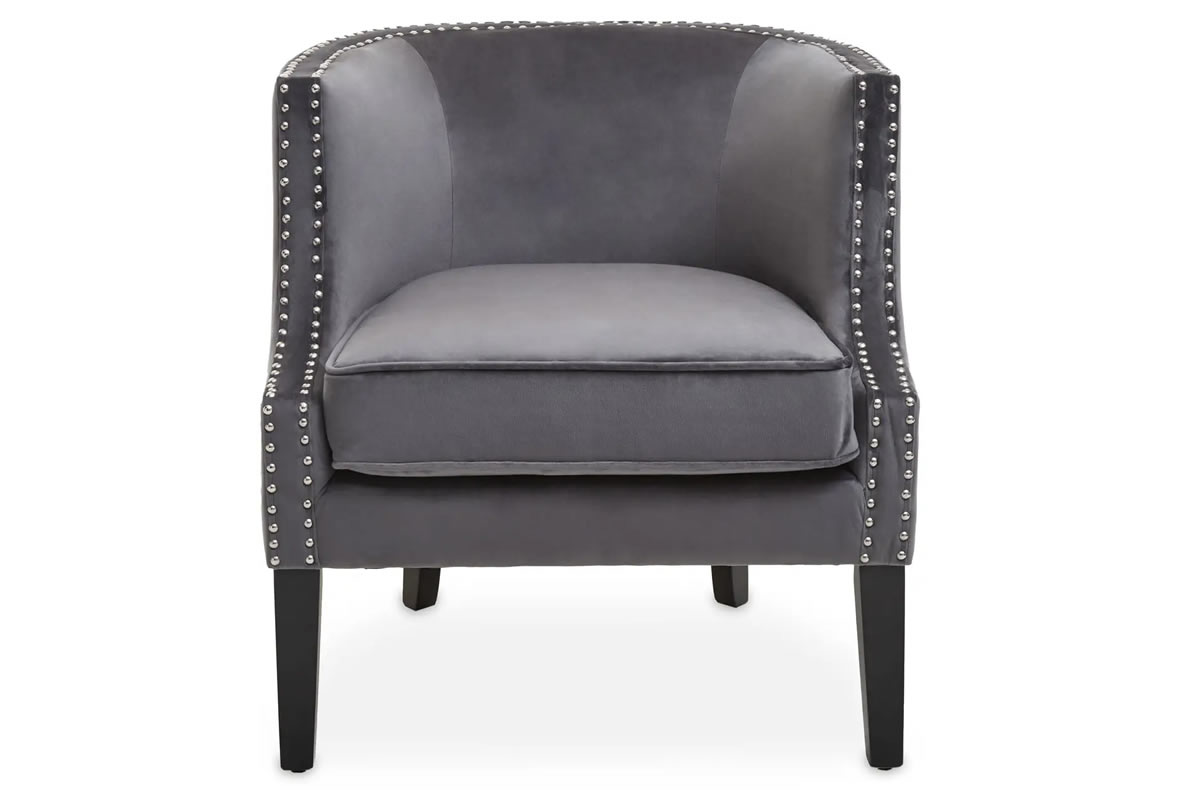 View Larissa Grey Velvet Occasional Chair With Silver Tufted Buttons Solid Black Rubber Wood Legs Deeply Padded Foam Seat information