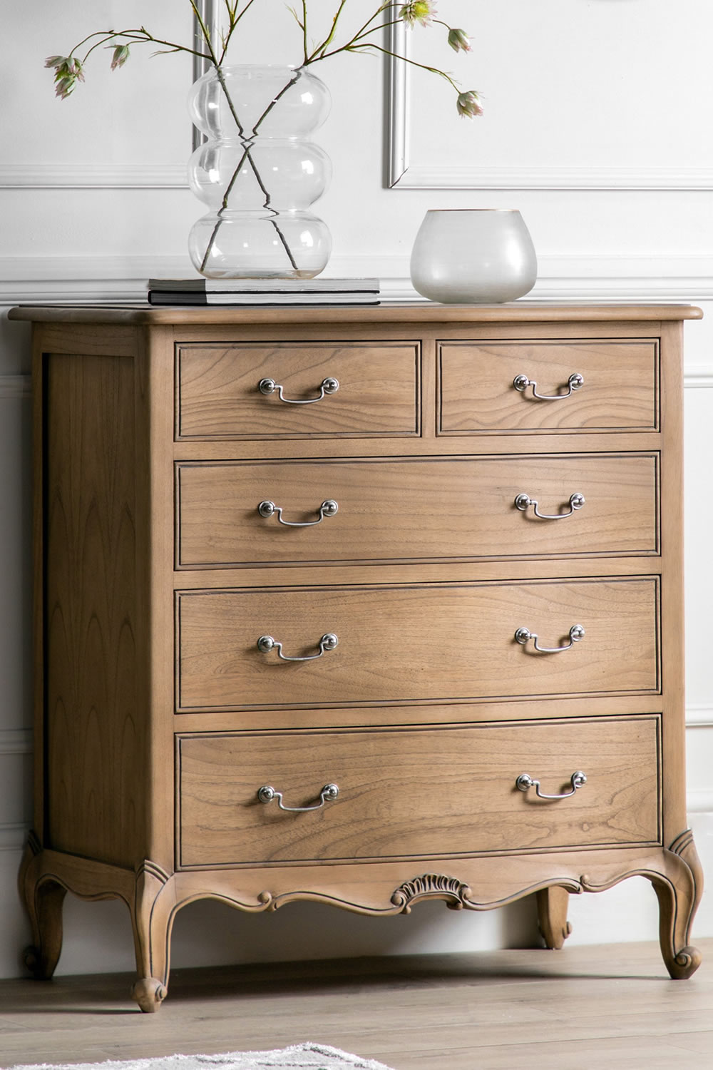 View Chic 5 Drawer Chest Weathered Tall Bedroom Storage Unit With Sliding Drawers Crafted From Solid Mindi Ash Traditional French Furniture Design information