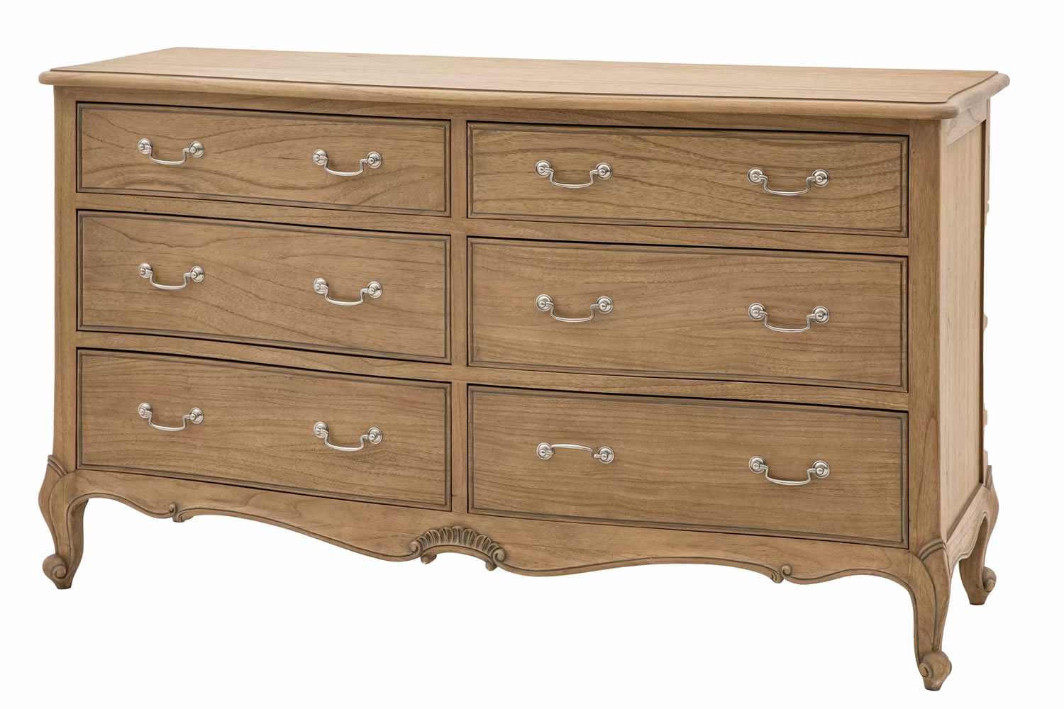 View Chic 6 Drawer Chest Weathered Wide Bedroom Storage Unit With Sliding Drawers Crafted From Solid Mindi Wood Traditional French Furniture Design information