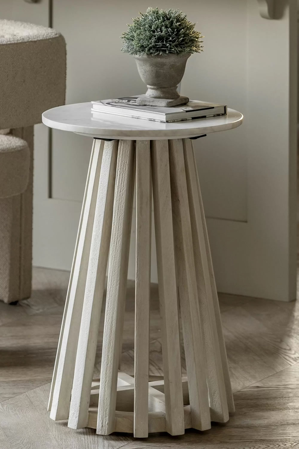 View Soho Round Side Table Slatted Base Made From Natural Mango Wood Chic Design White Indian Marble Top Easy Assembly Matching Pieces Available information