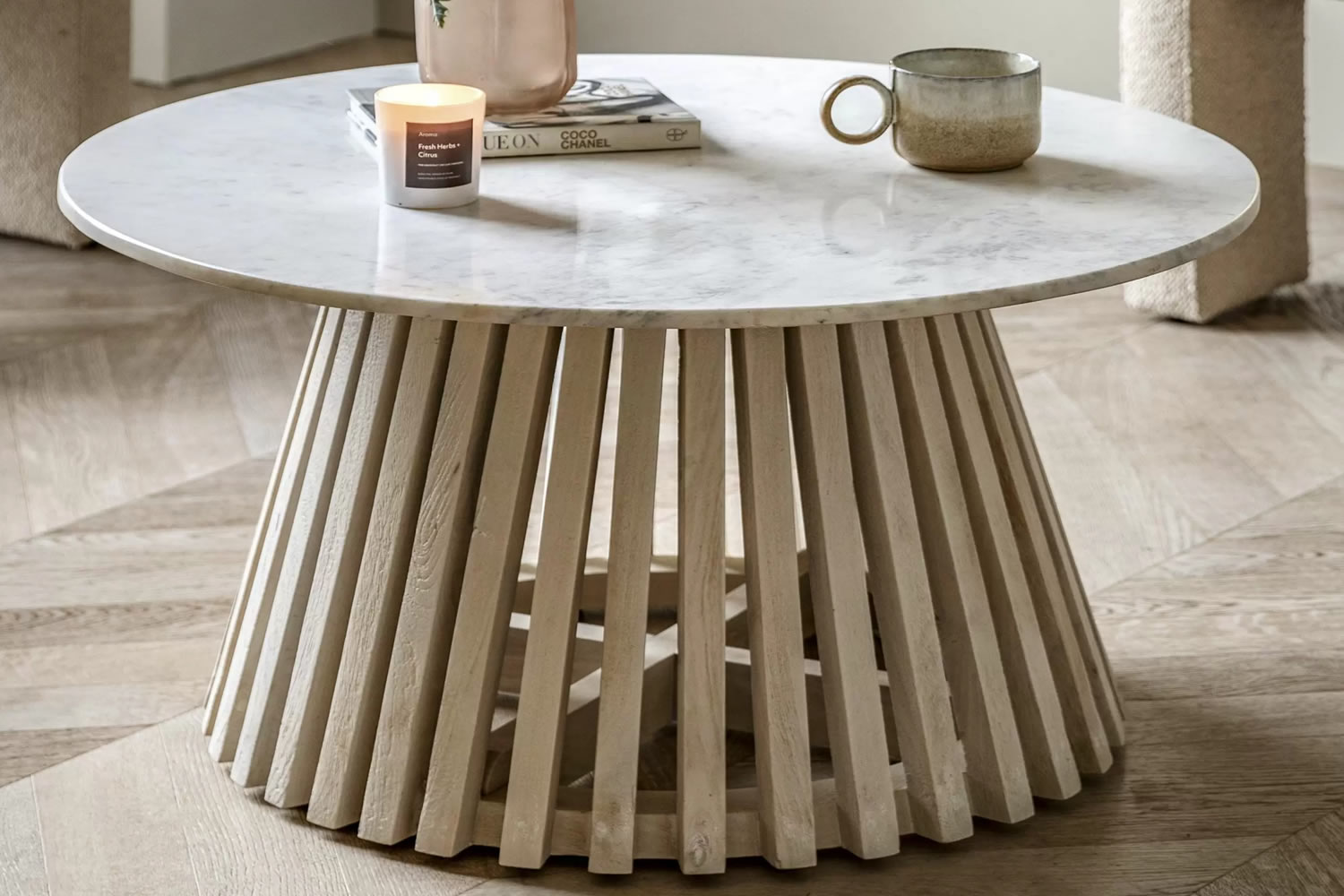 View Soho Round Coffee Table Slatted Base Made From Robust Mango Wood Practical White Marble Top Modern Design Matching Pieces Available information