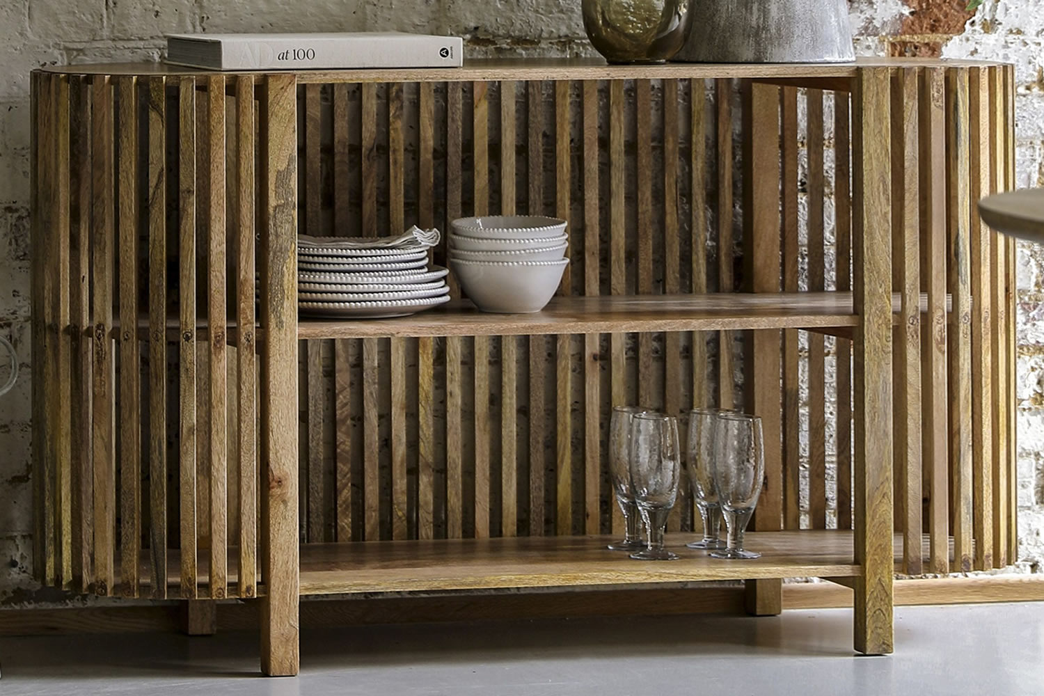 View Voss Unique Slatted Console Table Crafted From Mango Acacia Wood With Natural Grain Finish Two Handy Storage Shelves Matching Pieces Available information