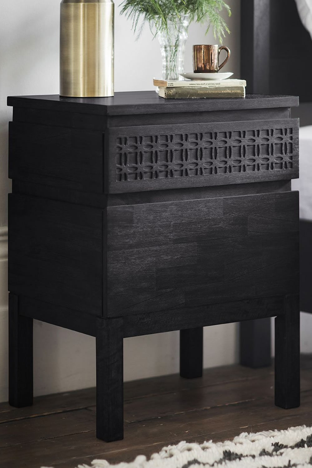View Boho Black 2 Drawer Bedside Chest Crafted From Mango Wood Timber Veneers Modern Design Inlaid Drawer Fronts Bedroom Or Living Room Storage information