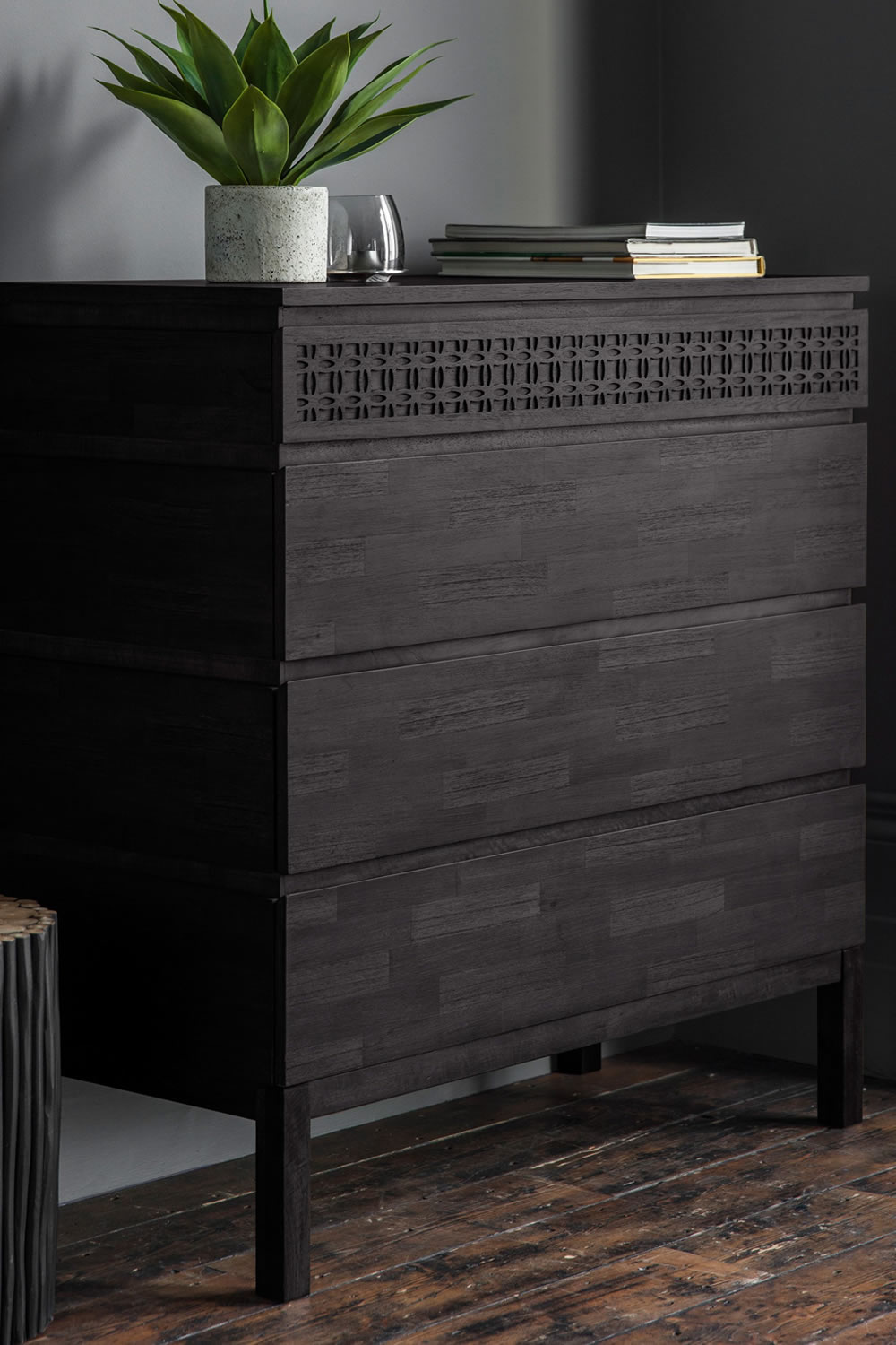 View Boho Black Wooden FourDrawer Chest Bedroom Storage For Clothes Crafted From Mango Solids Timber Veneers MDF Fretwork Drawer Front information