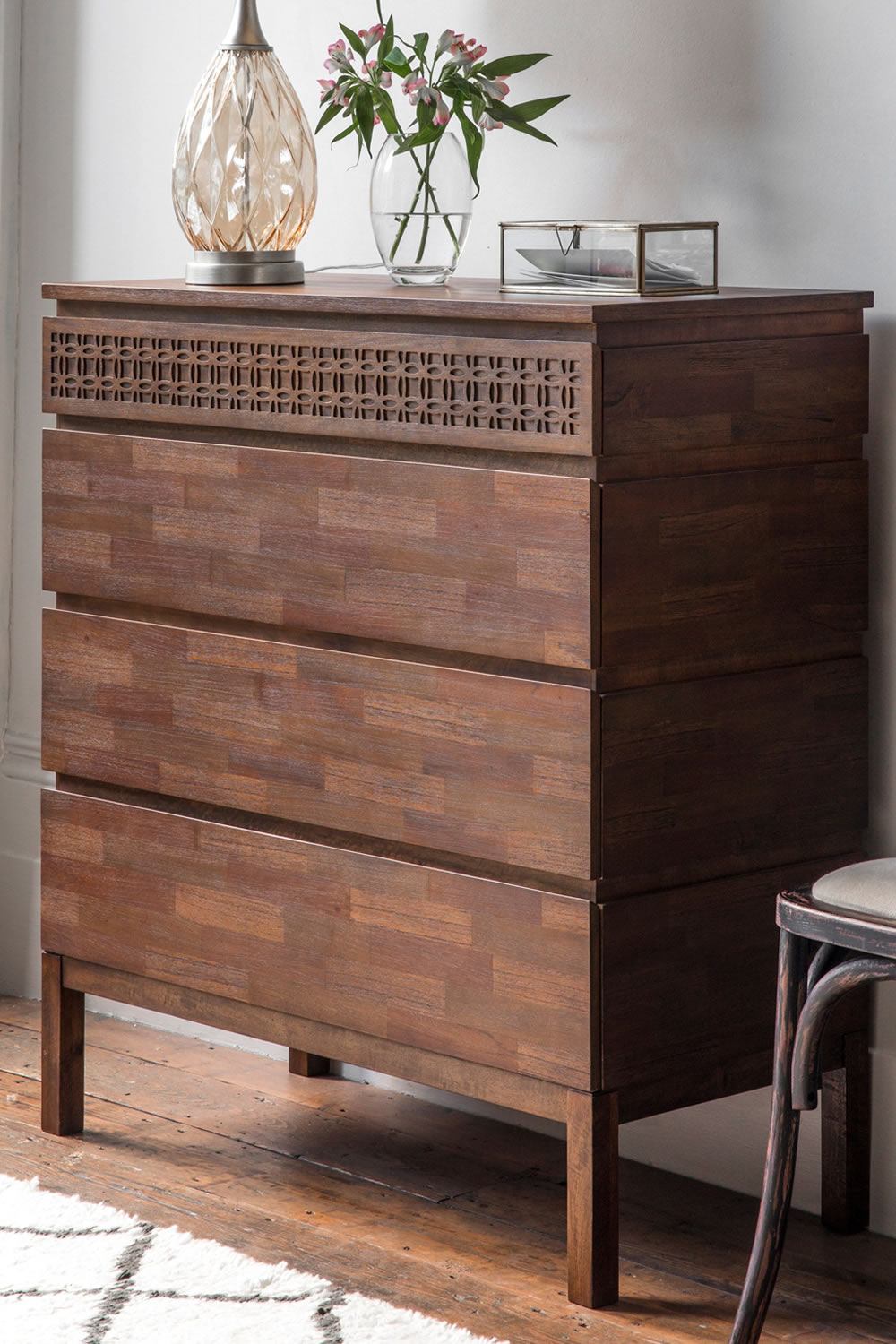 View Boho Brown Wooden FourDrawer Chest Bedroom Storage For Clothes Crafted From Mango Solids Timber Veneers MDF Fretwork Drawer Front information