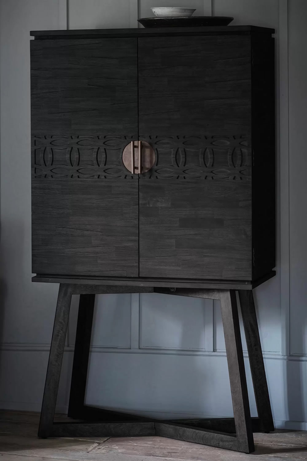 View Boho Black Wooden Dining Room Cocktail Cabinet Crafted From Mango Wood Timber Veneers MDF 2 Storage Shelves Glass Mirrored Back Fretwork Do information