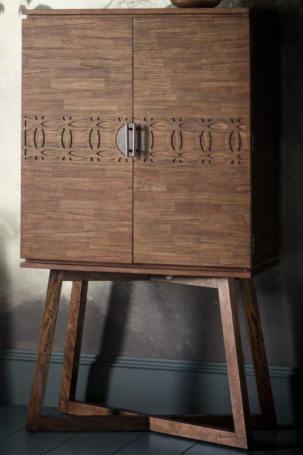 View Boho Brown Wooden Dining Room Cocktail Cabinet Crafted From Mango Wood Timber Veneers MDF 2 Storage Shelves Glass Mirrored Back Fretwork Do information
