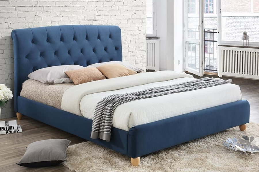 View Brompton Blue SoftTouch Fabric Bed Frame Tall Buttoned Headboard Light Hardwood Legs Sprung Slatted Base Double information