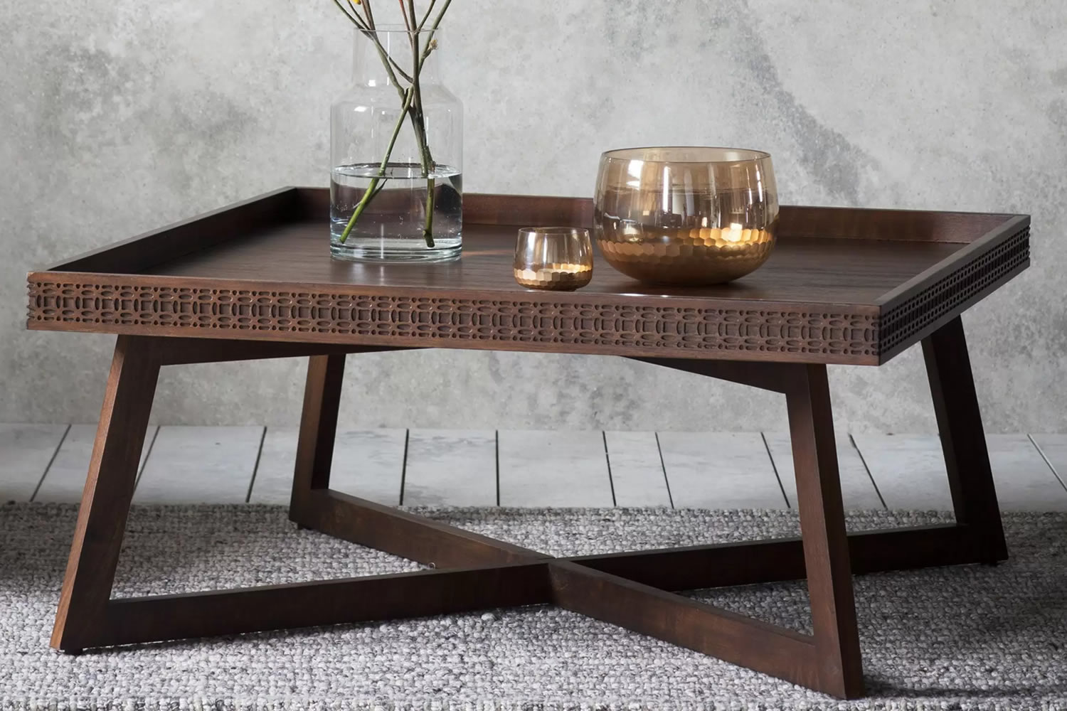 View Boho Brown Rectangular Wooden Coffee Table TrayStyle Top With Fretwork Pattern Crafted From Solid Mango Wood With Mixed Timber Veneers information