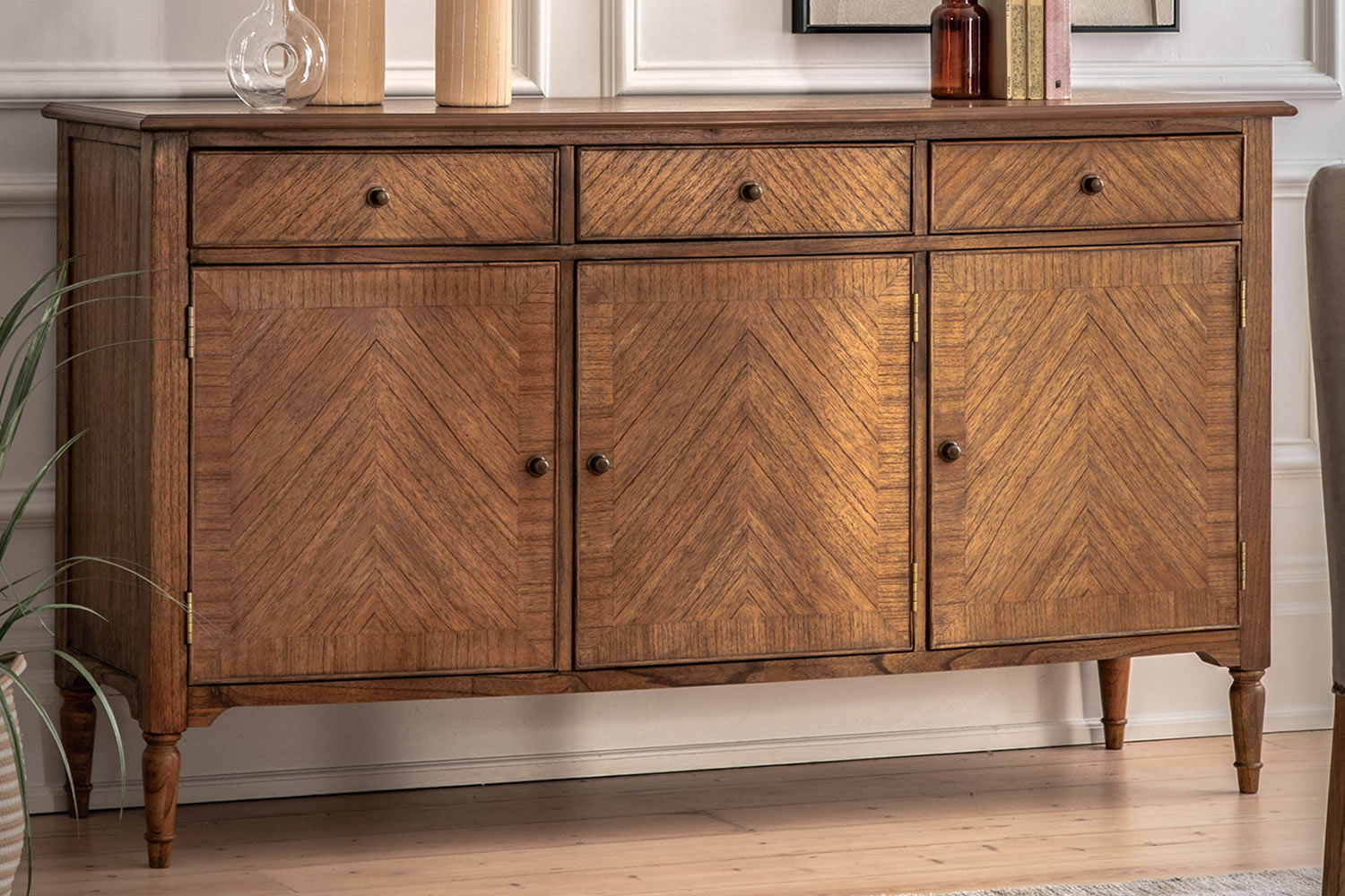 View Highgrove Large Mid Brown Wooden Living Room Sideboard 3Door 3Drawer Cupboard Cabinet Crafted From Mindi Wood With Marquetry Mindi Veneer information