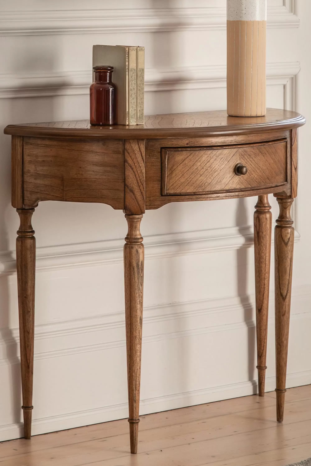 View Highgrove Demi Lune Half Moon Console Table With 1 Large Storage Drawer Rich Brown Mindi Wood With Marquetry Design Ideal For Any Living Space information