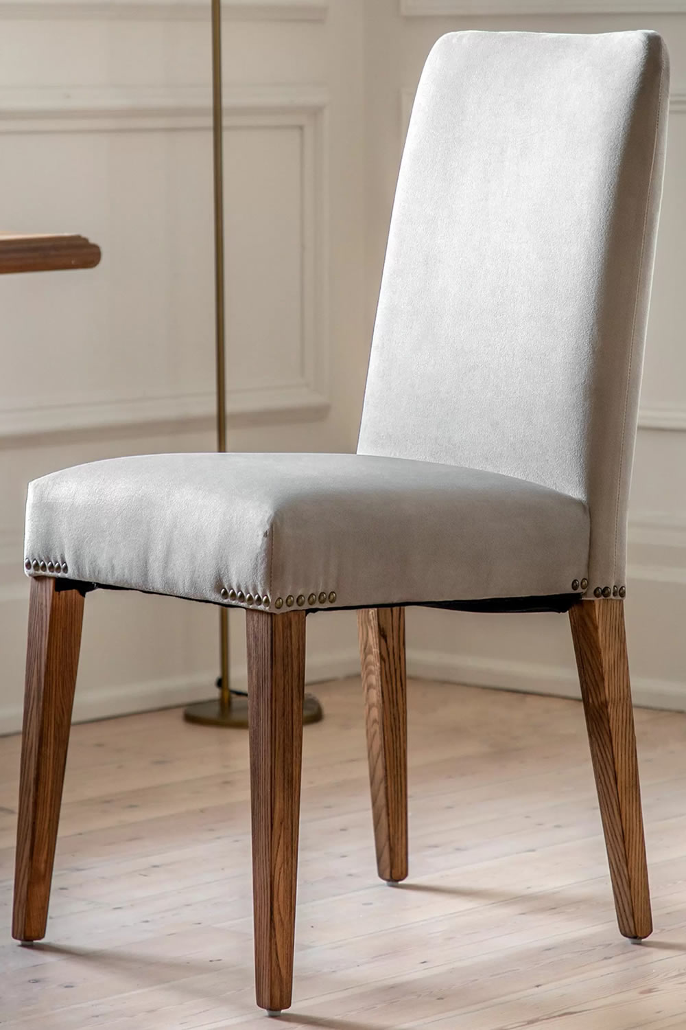 View Highgrove Dove Velvet High Back Dining Chair TwoPiece Set Upholstered in Taupe Velvet Fabric With Metal Accents Sturdy Mindy Wooden Legs information