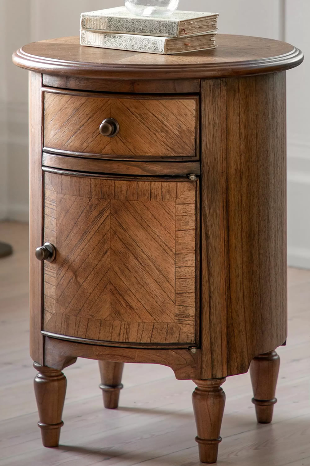 View Highgrove Round Antique Brown Wooden Side Table With Storage 1 Drawer 1 Large Cupboard Crafted From Mindi Wood With Marquetry Inlaid Details information