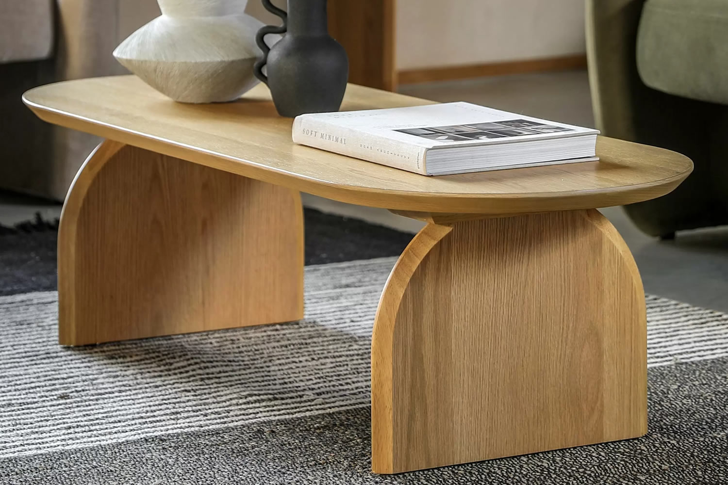 View Geo Coffee Table Crafted From Durable MDF Oak Veneer Curved Oval Top Solid Panel Legs Perfect For Your Living Room Ideal For Serving Food information