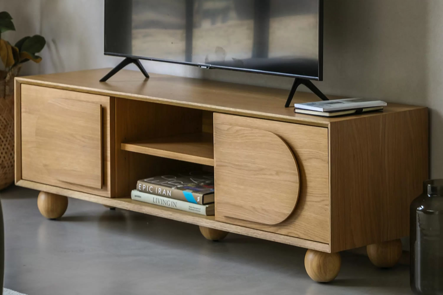 View Geo Media Unit TV Stand Crafted From MDF Oak Veneer Natural Matt Finish 2 Doors 3 Shelves Solid Round Feet Ideal For Any Living Room information