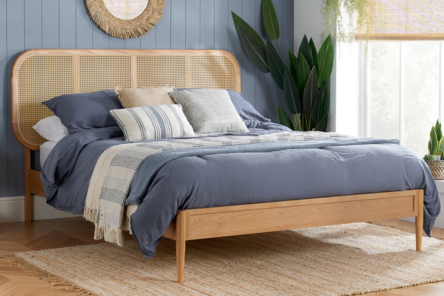 View Elina Wooden Rattan 46 Double Size Bed Frame Crafted From Solid Oak Curved Headboard Low Foot End Sturdy Legs Sprung Slatted Base information