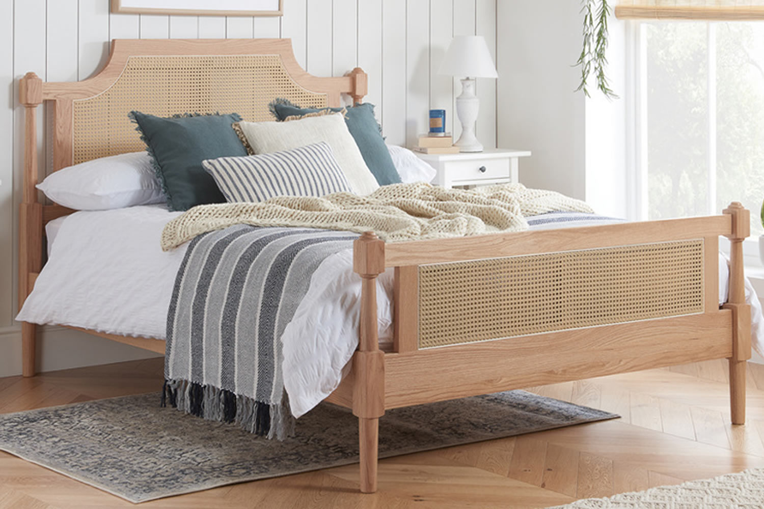 View Geneva Wooden Rattan 50 King Size Bed Frame Crafted From Solid Oak Rattan Headboard Foot End Sturdy Legs Sprung Slatted Base information