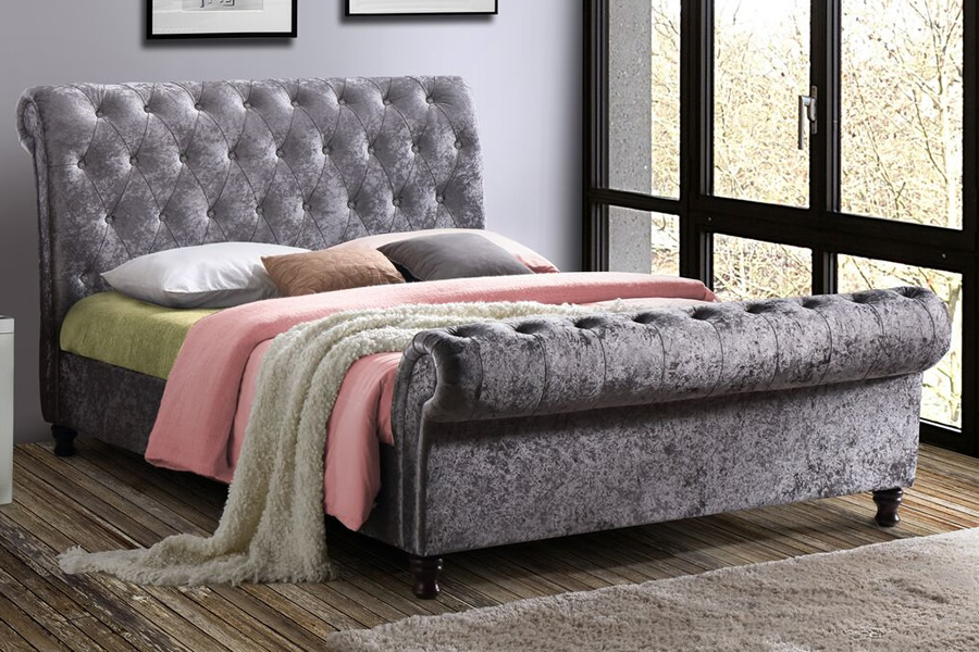 View Steel Crushed Velvet Sleigh Double Bed Frame Castello information