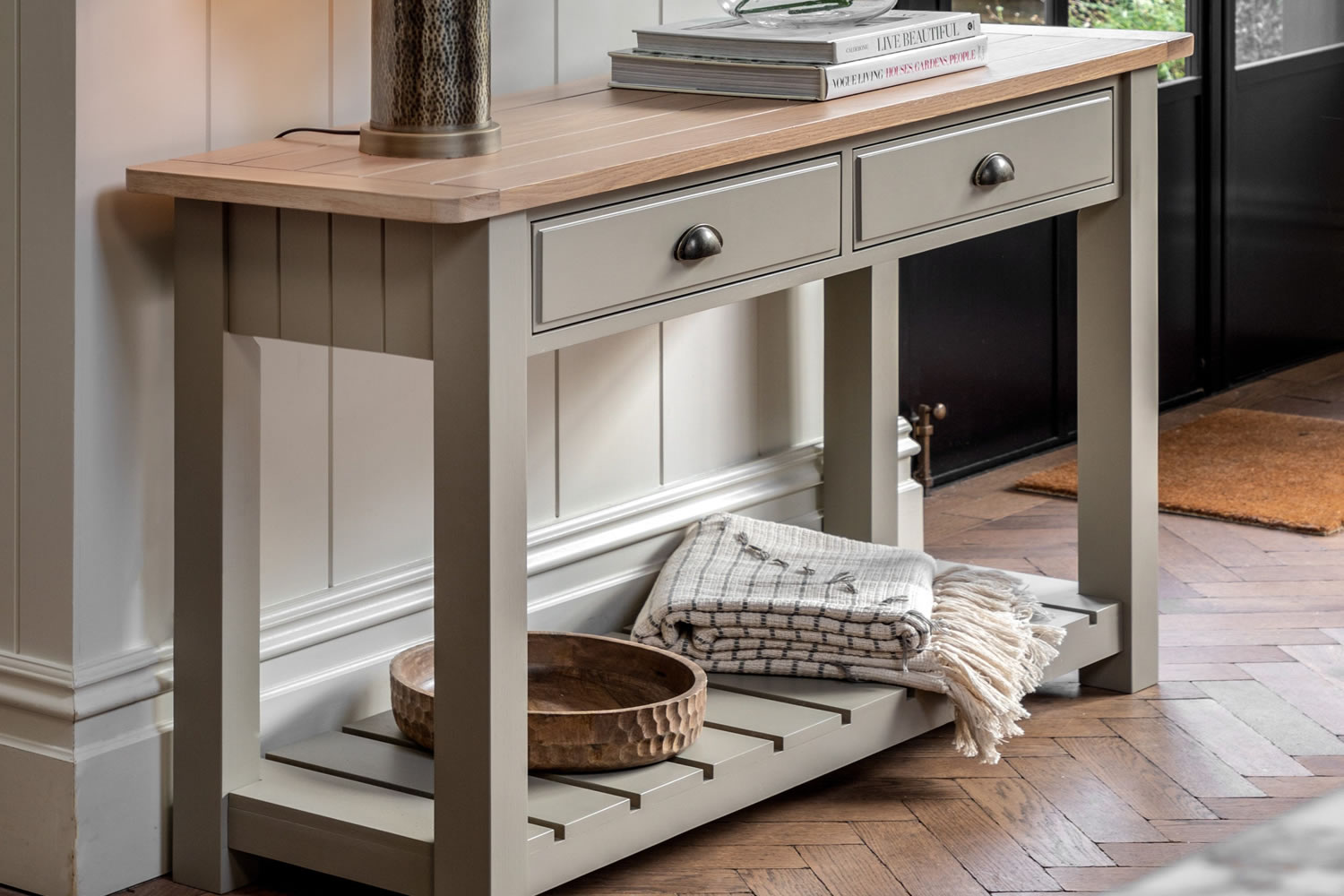 View Eton Prairie 2Drawer Console Crafted From Oak Pine MDF 2 Spacious Drawers Lower Slatted Storage Shelf Sleek Metal Handles Easy Assembly information