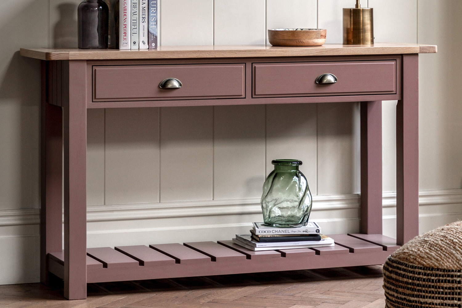 View Eton Clay 2Drawer Console Crafted From Oak Pine MDF 2 Spacious Drawers Lower Slatted Storage Shelf Sleek Metal Handles Easy Assembly information