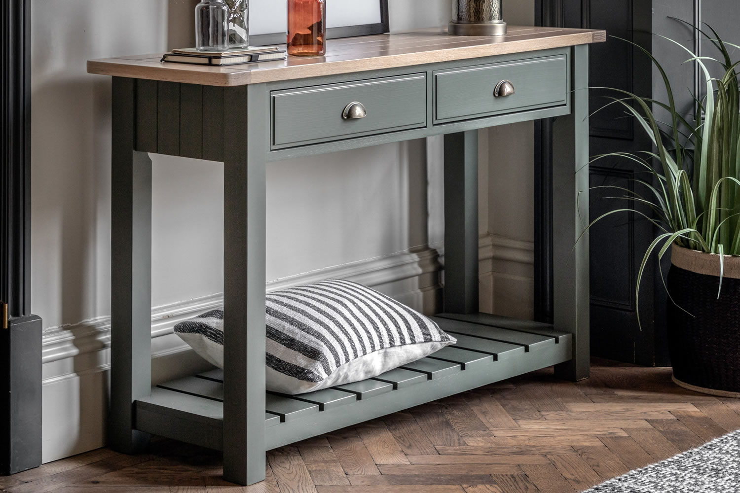View Eton Moss 2Drawer Console Crafted From Oak Pine MDF 2 Spacious Drawers Lower Slatted Storage Shelf Sleek Metal Handles Easy Assembly information