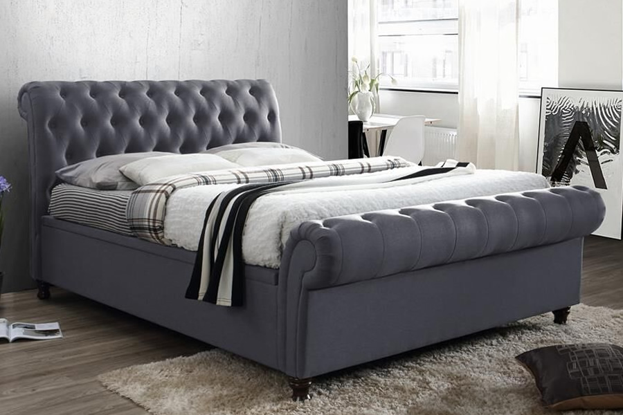 View Charcoal Grey Fabric King Size 50 Side Opening Ottoman LiftUp Storage Bed Frame Deeply Buttoned Scroll Head Foot End Castello information