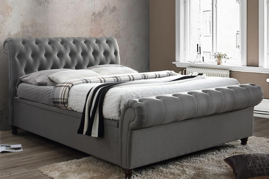 View Grey Fabric King Size 50 Side Opening Ottoman LiftUp Storage Bed Frame Deeply Buttoned Scroll Head Foot End Castello information