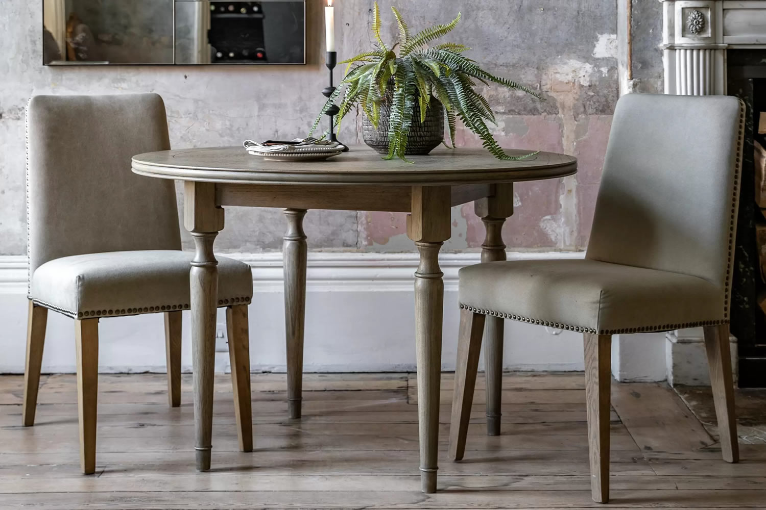 View Mustique Round Wooden Dining Table Crafted From Mindi Ash Particle Board Spacious Round Tabletop Straight Spindle Legs Seats 4 People information