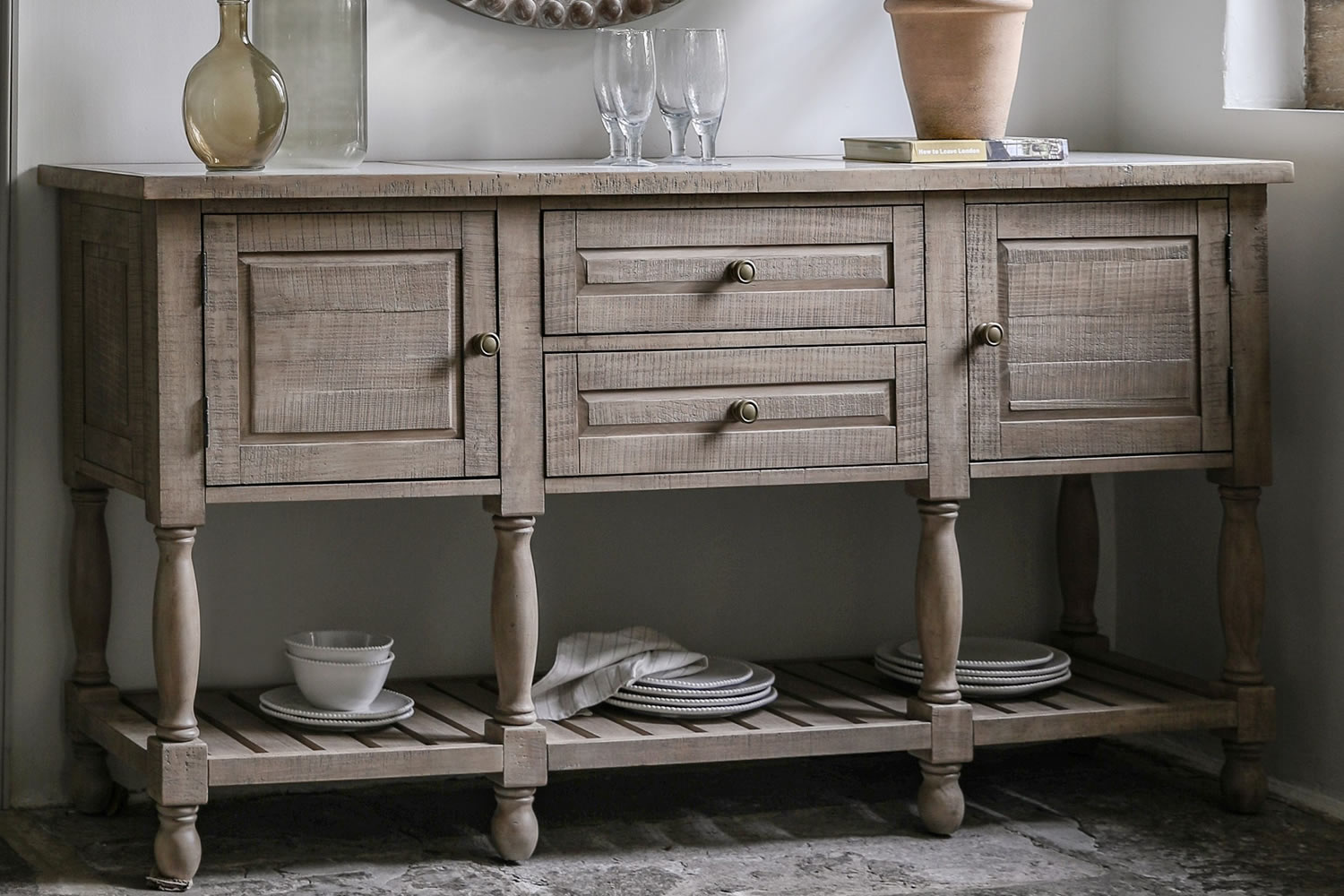 View Vancouver Two Door Two Drawer Sideboard Made From Marble Pine Pine Veneer Plywood Marble Top Surface Slatted Lower Shelf Fixed Shelves information