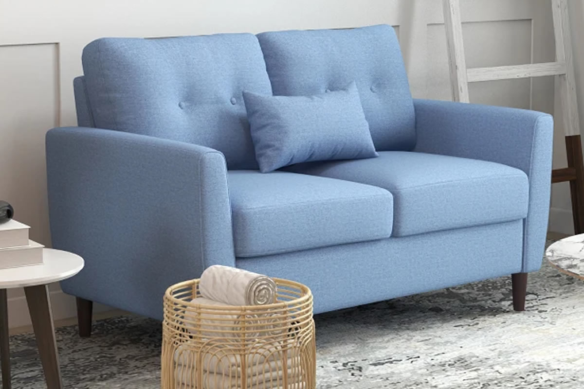 View El Paso 2 Seater Blue Linen Fabric Sofa Extra Bolster Cushion Removable Washable Seat Back Cushion Covers Solid Eucalyptus Wooden Legs information