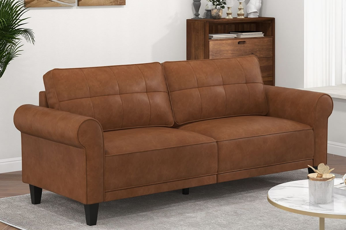 View Baytown Brown PU Leather 3Seater Sofa Deeply Padded Seat Back Cushion Removable Cushion Covers Hook Loop Fasteners Solid Rubber Wood Legs information