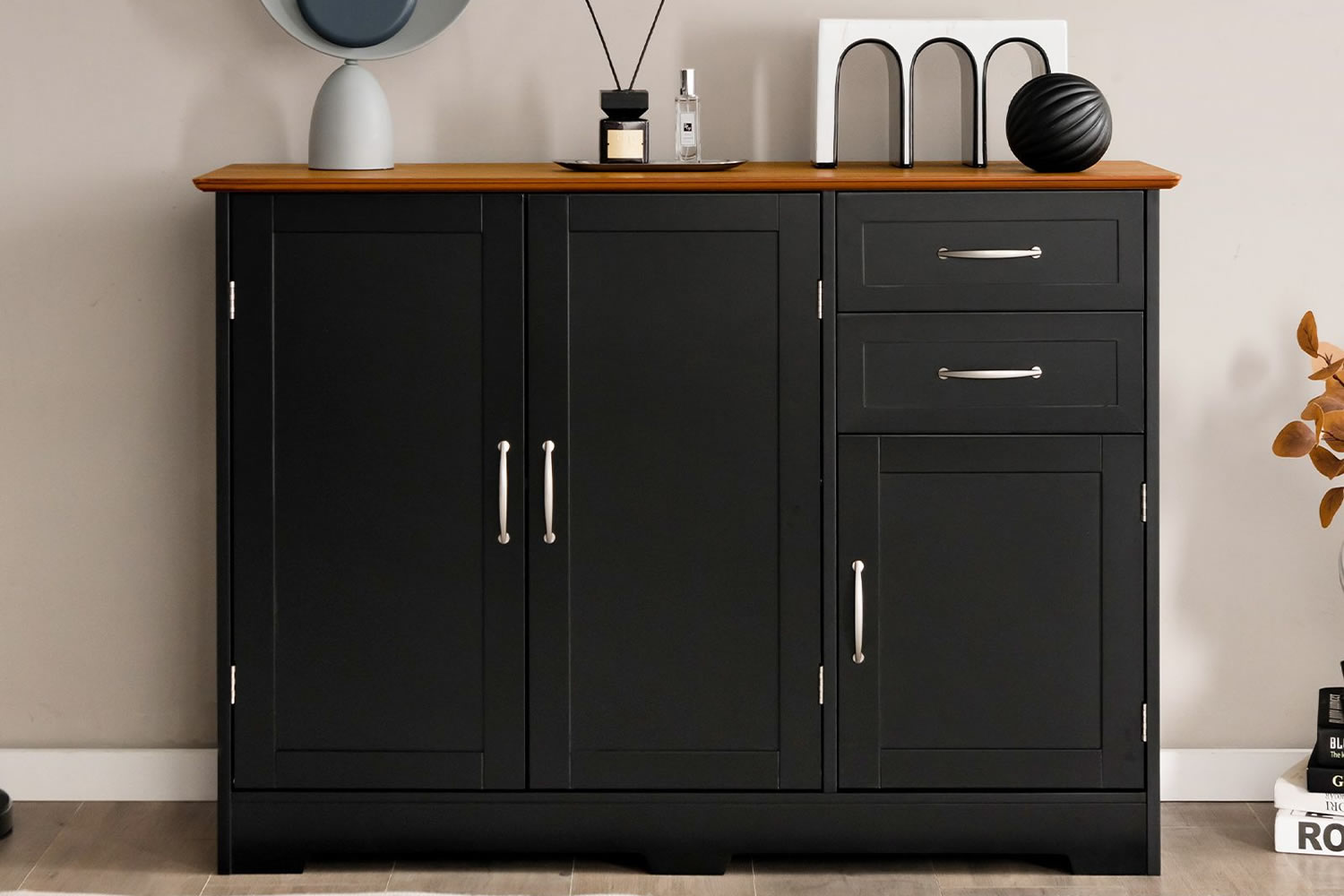 View Abbeville Black Wooden Sideboard Made From MDF 2 Storage Drawers 2 Cupboards 3 Level Adjustable Shelves Elegant Metal Handles Metal Hinges information