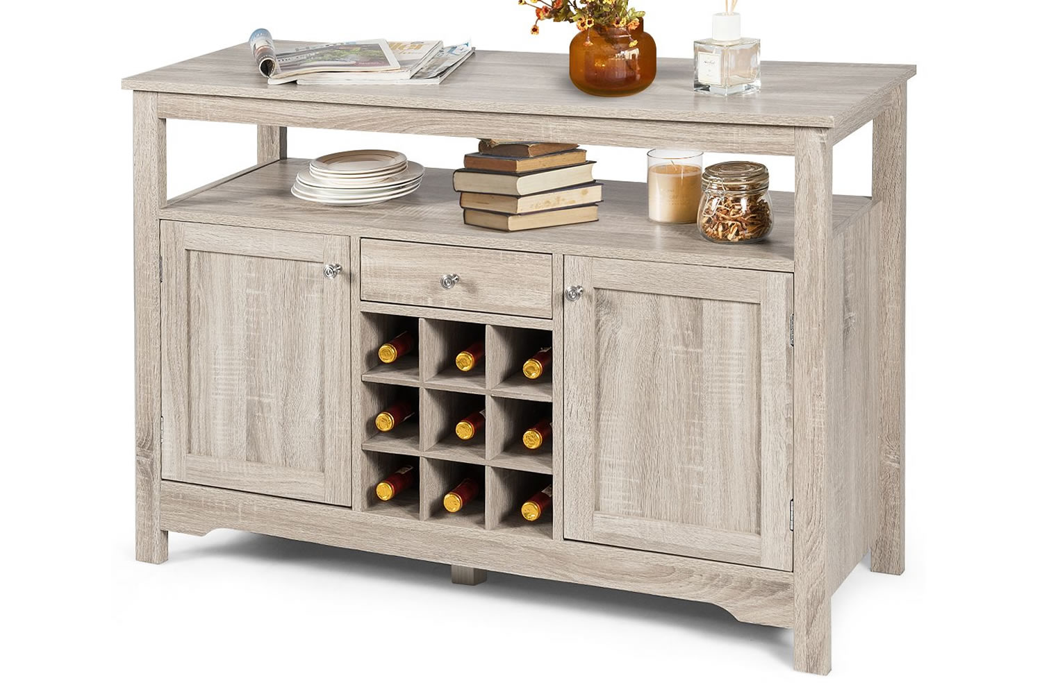 View Columbia Grey Wooden Storage Sideboard Made From MDF 1 Drawer 2 Cupboards Adjustable Shelves 9Bottle Wine Rack Retro Round Handles information