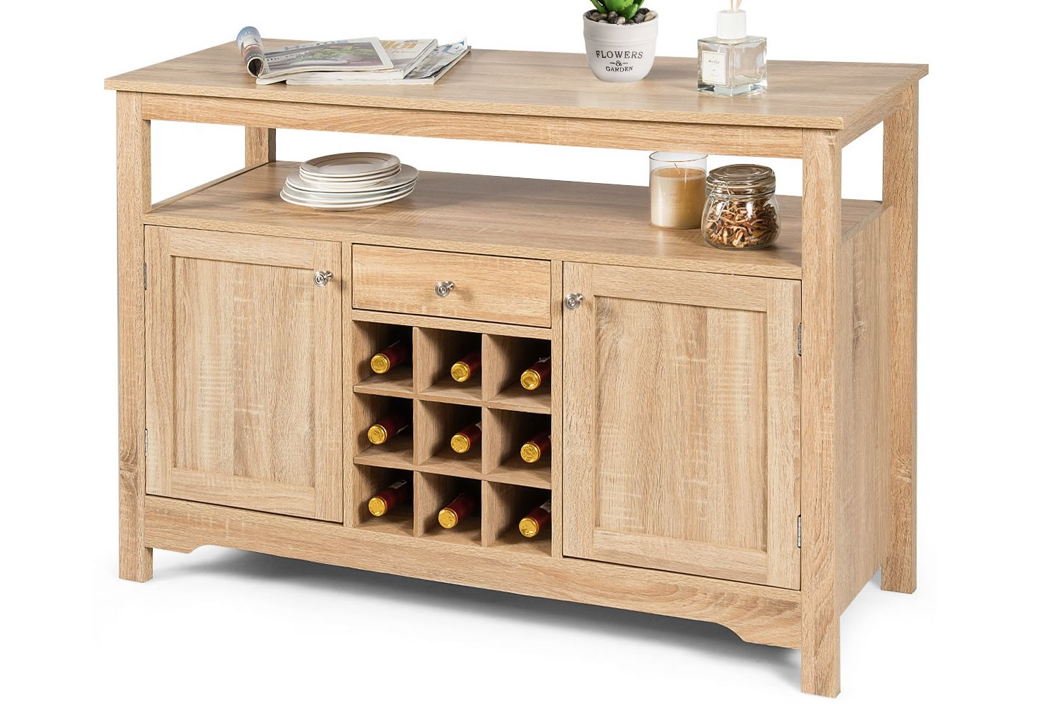 View Columbia Natural Wooden Storage Sideboard Made From MDF 1 Drawer 2 Cupboards Adjustable Shelves 9Bottle Wine Rack Retro Round Handles information