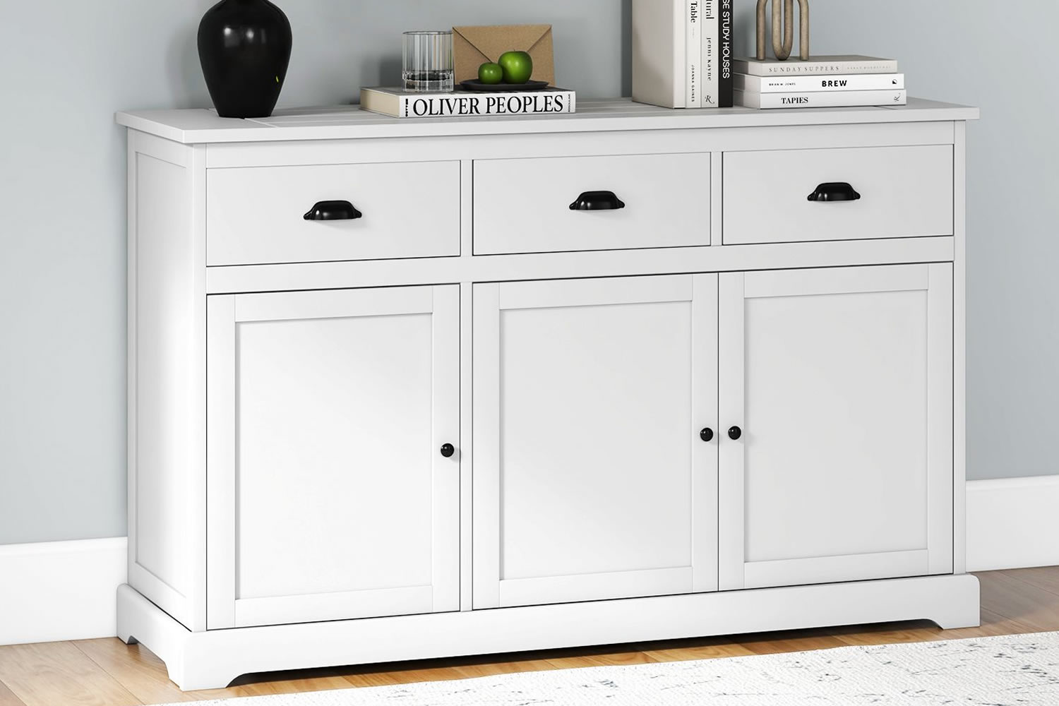 View Florence White Wooden 3 Door 3 Drawer Sideboard Made From MDF Particle Board Metal Drawer Runners Adjustable Shelves Magnetic Door Catches information