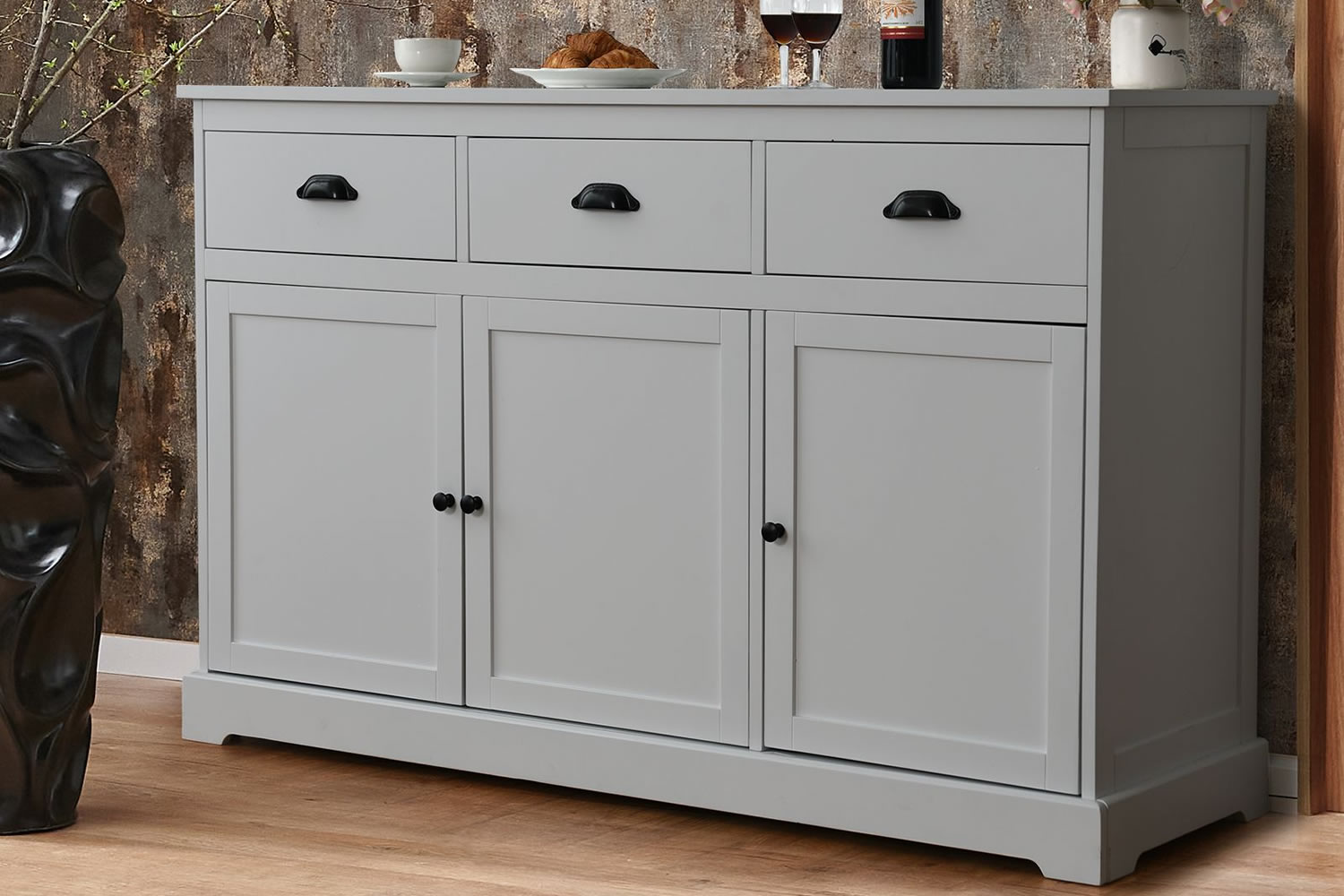 View Florence Grey Wooden 3 Door 3 Drawer Sideboard Made From MDF Particle Board Metal Drawer Runners Adjustable Shelves Magnetic Door Catches information