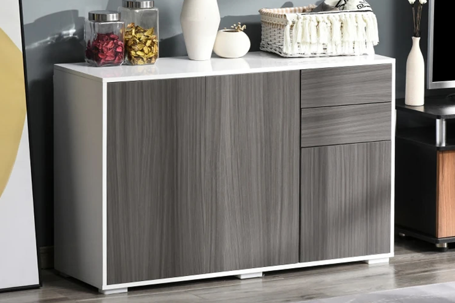 View Anderson Dark Grey Wooden Sideboard Made From Particle Board 2 Cupboards 2 Storage Drawers Adjustable Shelf PushToOpen Doors Gloss Frame information