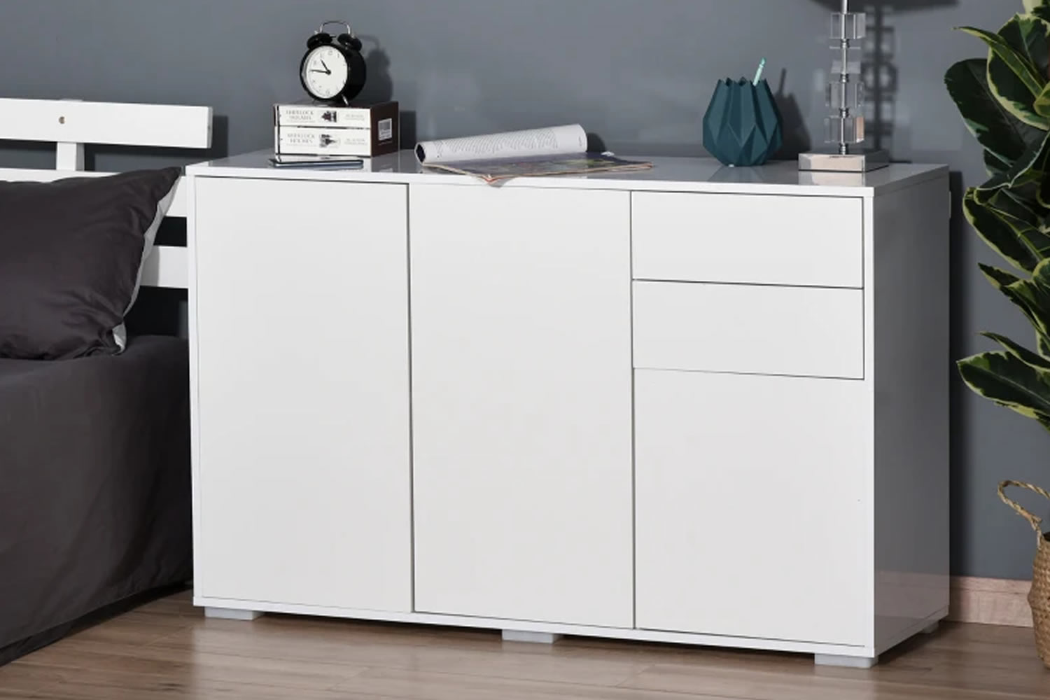 View Anderson White Wooden Sideboard Made From Particle Board 2 Cupboards 2 Storage Drawers Adjustable Shelf PushToOpen Doors Gloss Frame information