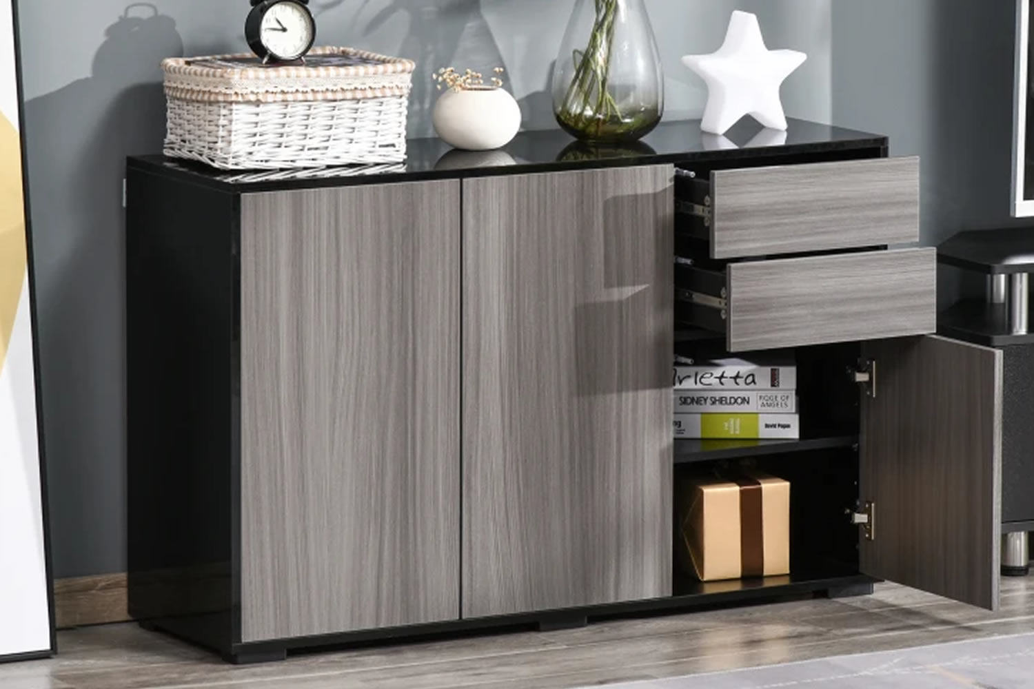 View Anderson Light Grey Wooden Sideboard Made From Particle Board 2 Cupboards 2 Storage Drawers Adjustable Shelf PushToOpen Doors Gloss Fram information