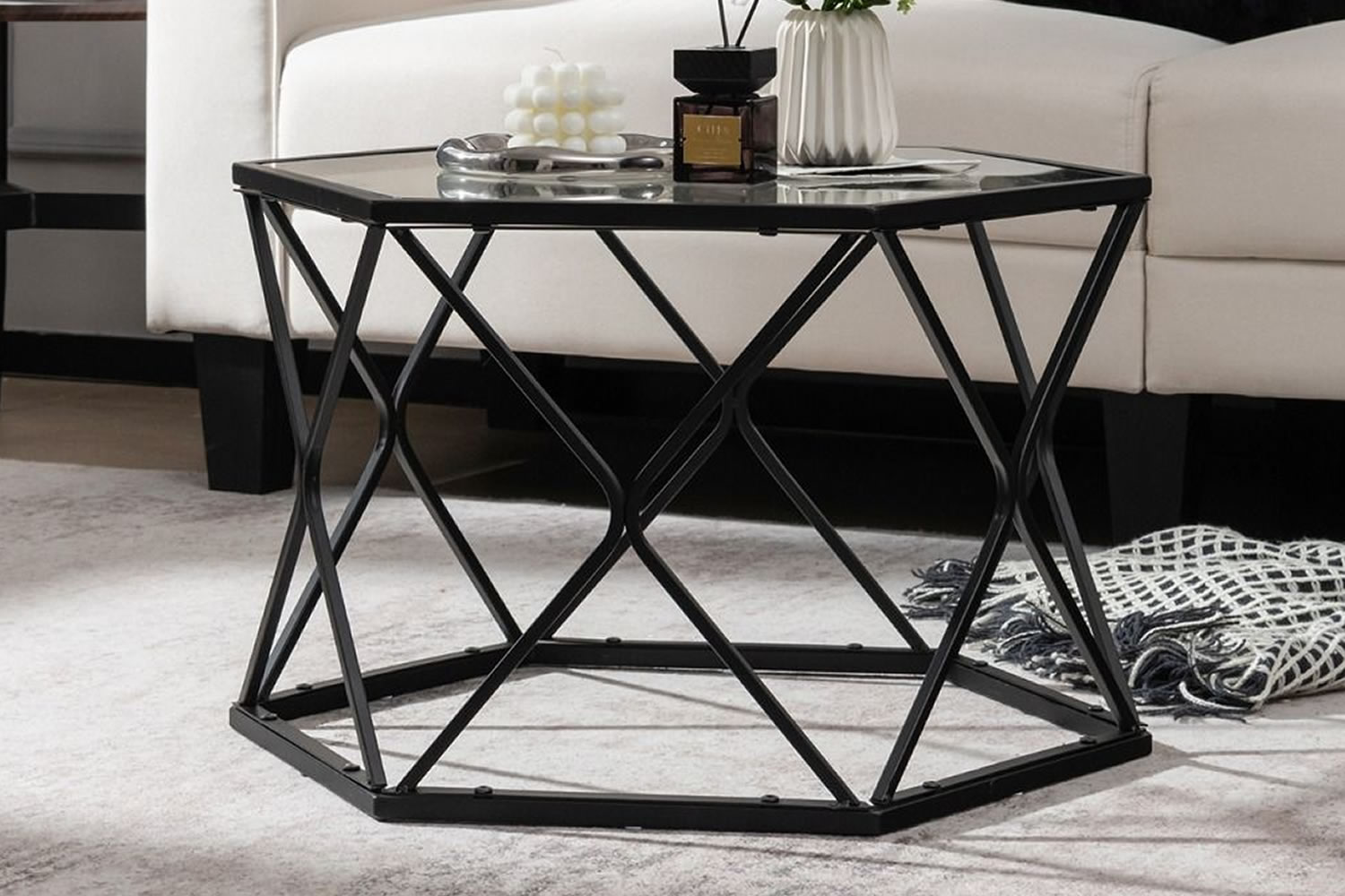 View Chico Hexagonal Metal Coffee Table Tempered Glass Tabletop Heavy Duty Black Steel Frame Suction Cups NonSlip Footpads 15kg Weight Capacity information