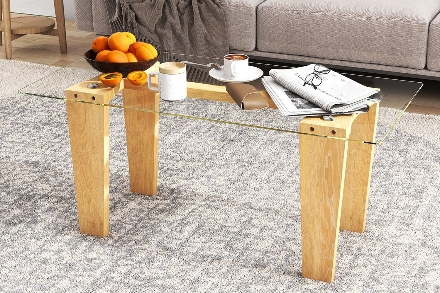 View Carmel Rectangular Coffee Table Tempered Glass Tabletop Sturdy Rubberwood Legs Modern Design Firm Bolt Connection Ideal For Living Space information