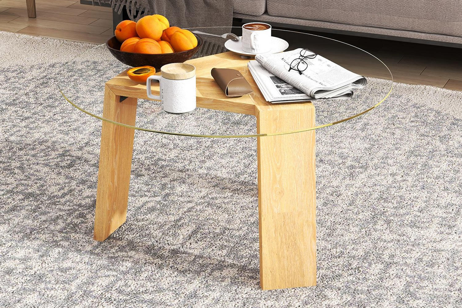 View Lodi Round Coffee Table Tempered Glass Tabletop Tripod Style Rubberwood Legs Modern Design Firm Bolt Connection Ideal For Living Space information