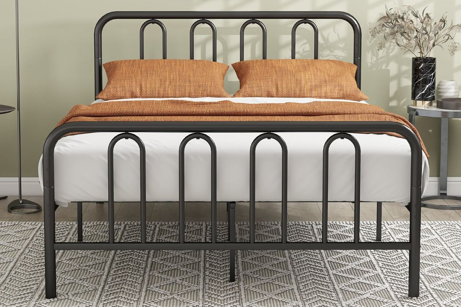 View Orlando Black King Metal Bed Frame HeavyDuty Iron Frame Arc Headboard High Footend Metal Slats Support Legs NonSlip Footpads 300kg Cap information