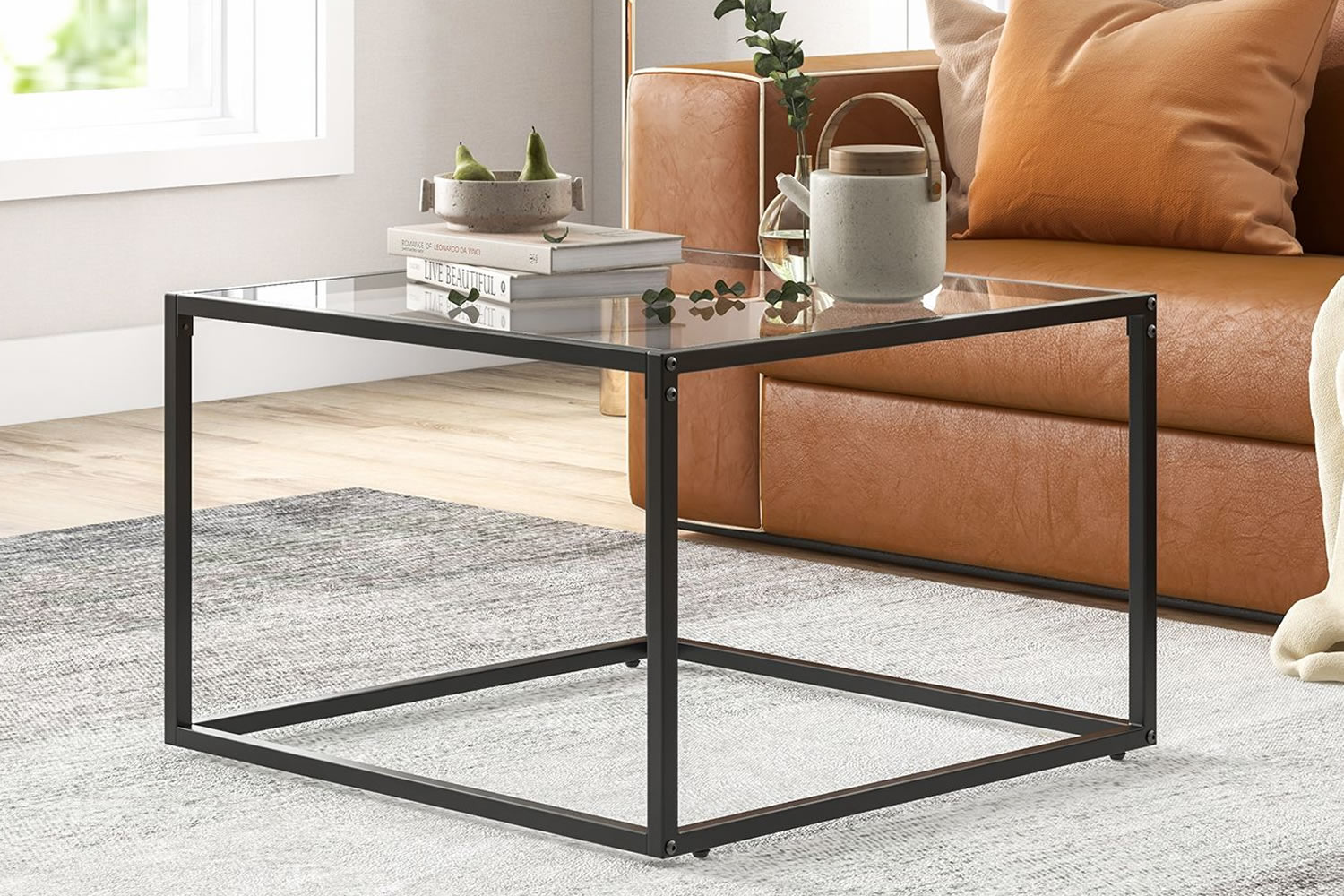 View Fresno Square Black Metal Coffee Table Clear Tempered Glass Tabletop AntiScratch Explosion Proof Adjustable Footpads 50kg Weight Capacity information