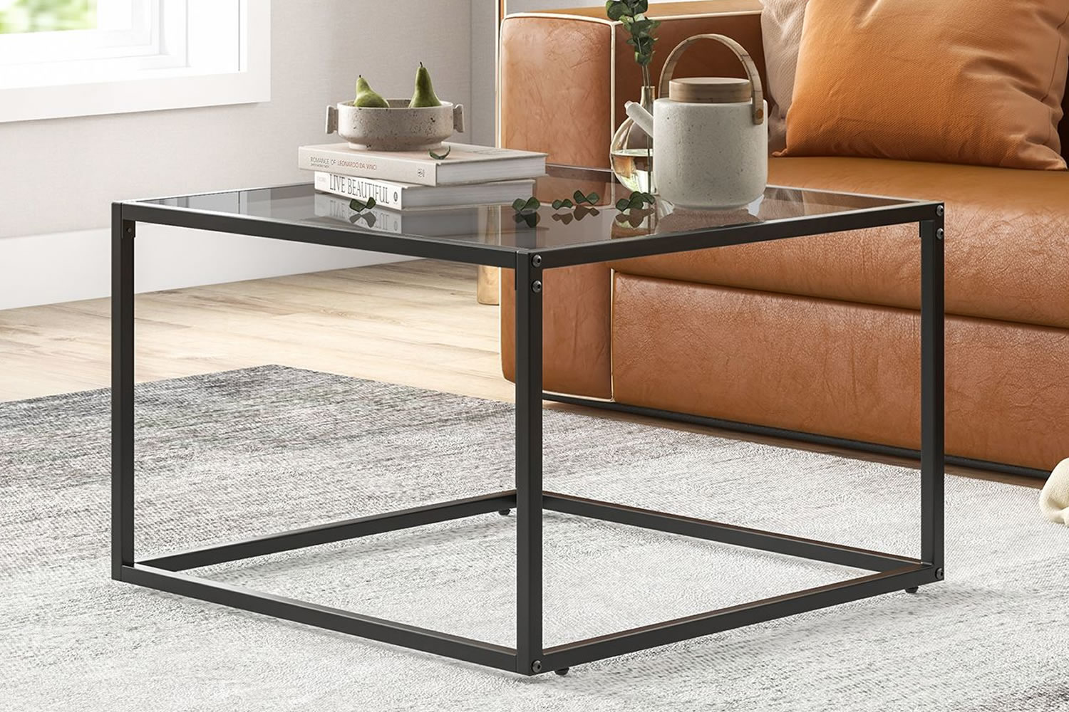 View Fresno Square Black Metal Coffee Table Smoked Tempered Glass Tabletop AntiScratch Explosion Proof Adjustable Footpads 50kg Weight Capacity information