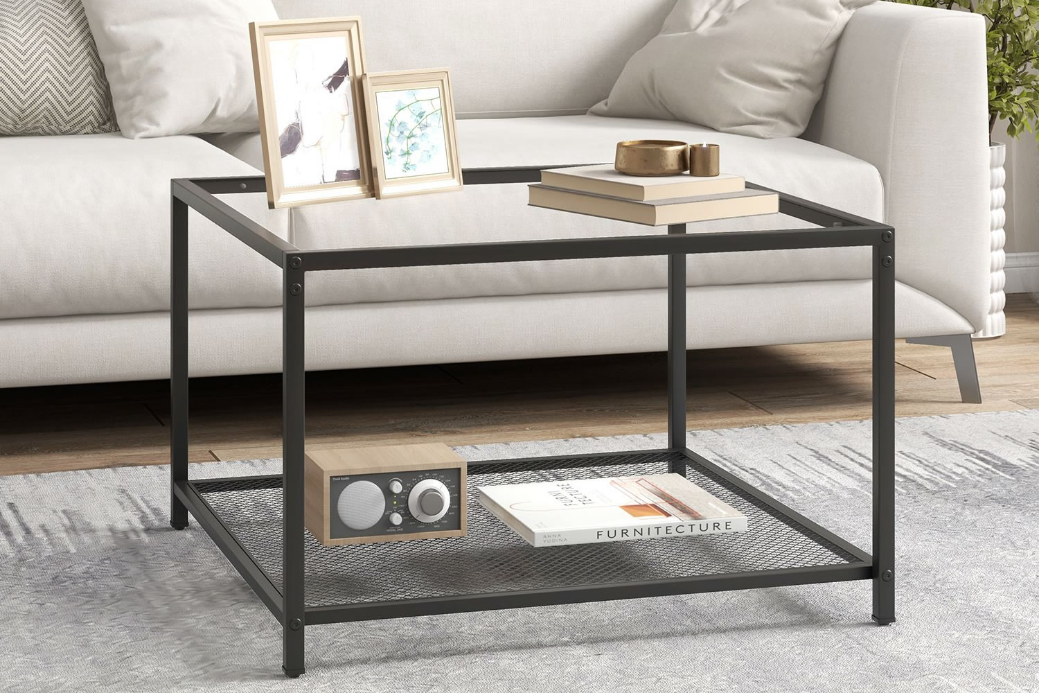 View Fontana Square Black TwoTier Metal Coffee Table With Clear Tempered Glass Tabletop Mesh Lower Storage Shelf EasyToClean Adjustable Footpads information