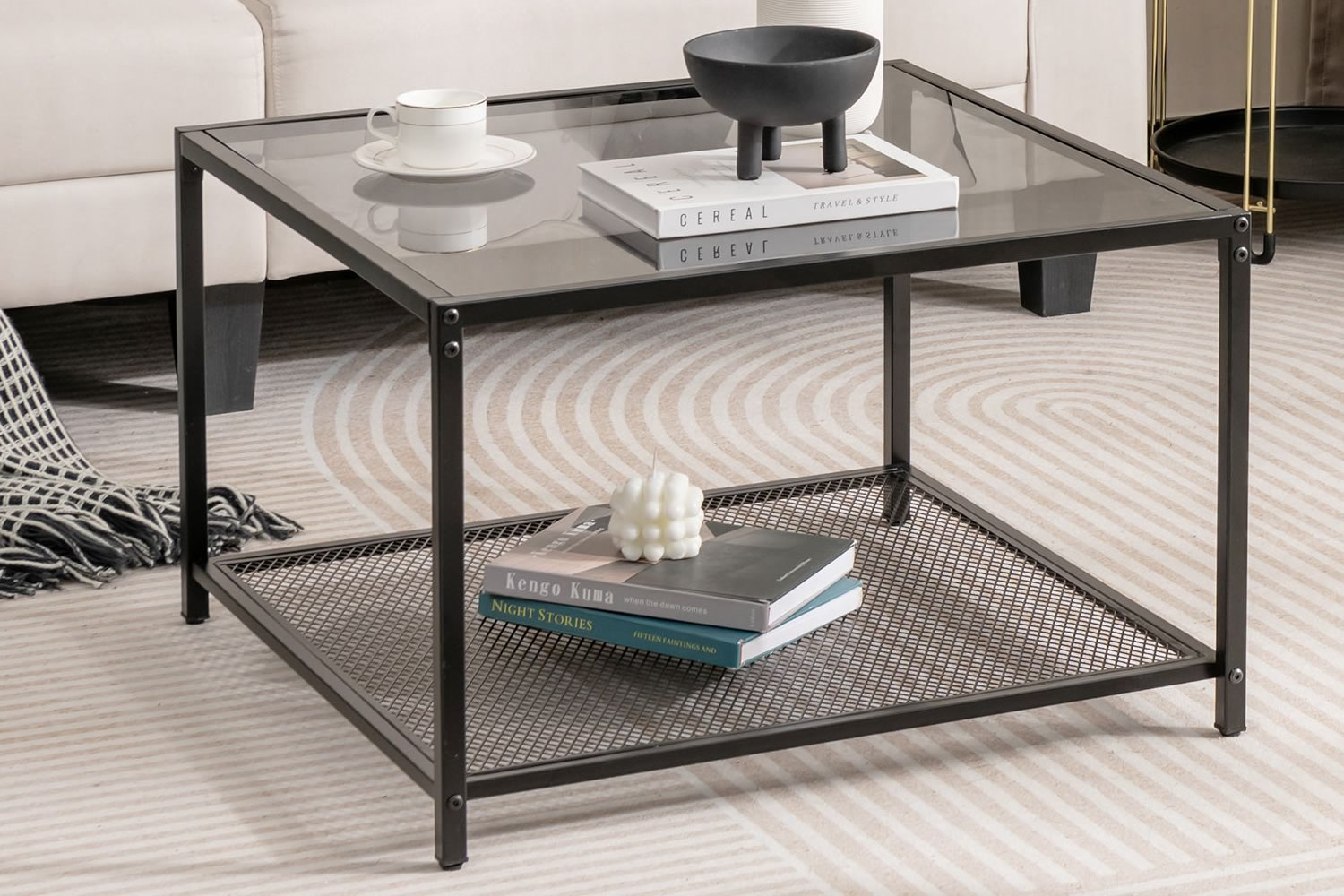 View Fontana Square Black TwoTier Metal Coffee Table With Smoked Tempered Glass Tabletop Mesh Lower Storage Shelf EasyToClean Adjustable Footpads information