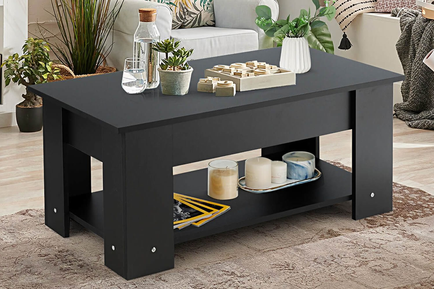 View Concord Black Wooden Coffee Table LiftUp Height Adjustable Tabletop Hidden Storage Compartment Lower Open Storage Shelf information